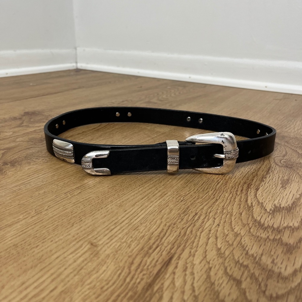 Vintage Lejon Western Boho Italian Saddle Leather Belt M Black Silver Concho US